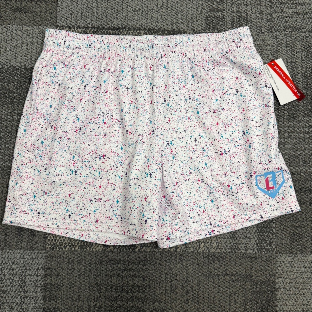 Baseball Lifestyle 101 Splatter Shorts Mens XL White Multi Paint Drip Athletic